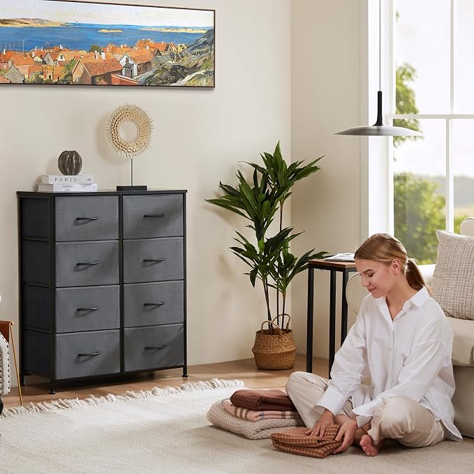 OLIXIS 8 Drawer Storage Dresser with Wood Top - Wide Fabric Chest Organizer for Bedroom, Closet, Living Room,Tower Cabinet, TV Stand, Hallway Entryway Furniture,Grey