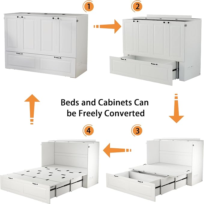 Murphy Bed Full Size: White 2 in 1 Murphy Bed Cabinet with Drawer, Wood Cabinet Bed with Charging Station, Modern Hidden Beds for Small Spaces