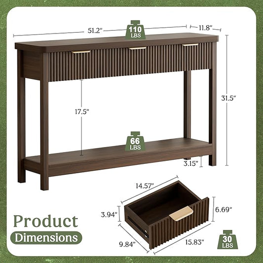 Lulive Fluted Console Table, 51 Inch Entryway Table with 3 Drawers | Scandi farmhouse look with quiet full-extension slides, open lower shelf, profile for hallway, entry, foyer or behind sofa.