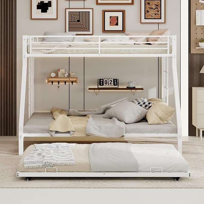 Metal Bunk Bed with Trundle, Space-Saving Bunk Bed Twin Over Full with Ladders and Safety Guardrail, Heavy Duty Twin Bed Frames, No Box Spring Needed and Noise Free(White)