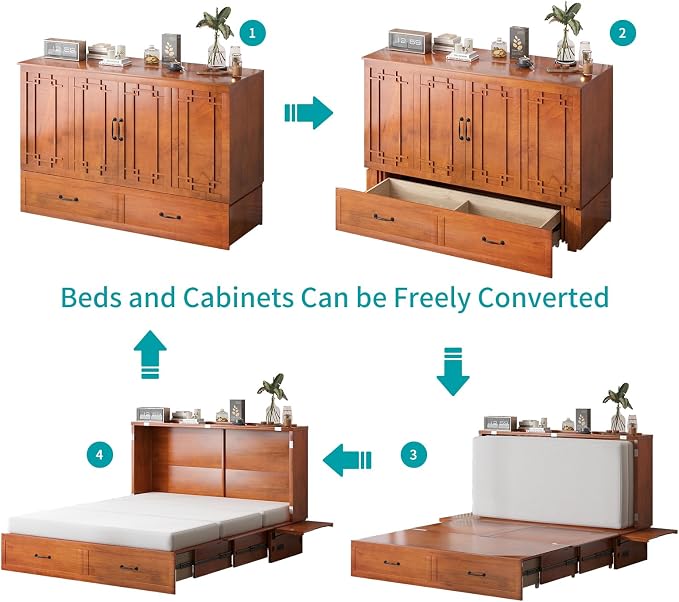 BALUS Queen Murphy Bed with Mattress Included, Cabinet Bed with Mattress & Built-in USB Ports & 2 Storage Drawers, Space-Saving Modern Murphy Beds Cabinet Guest Beds for Office -Cherry