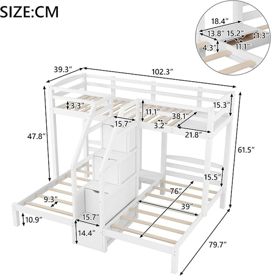 VilroCaz Twin Size Triple Bunk Bed with Built-in Staircase and Storage Drawer, Solid Wood Bunk Bed Frame with Safety Full-Length Guardrail for 3, Bedroom Guest Room Home Furniture