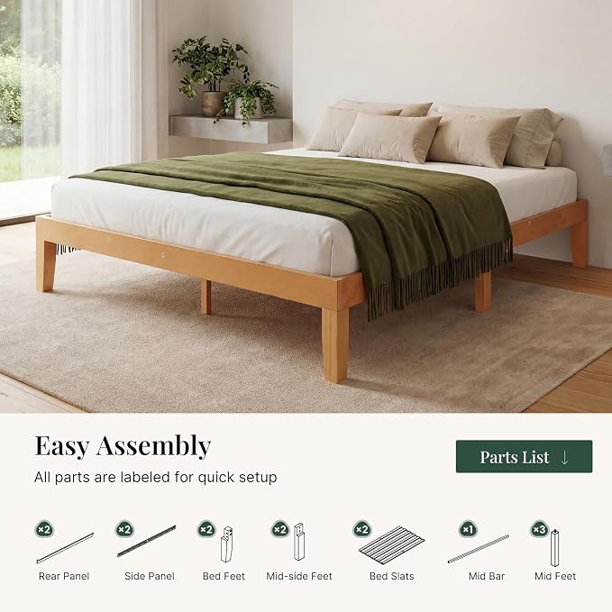 Sweetcrispy Queen Size Bed Frame 12 inch Heavy Duty Platform Bedframe, 1000 lbs Capacity, Underbed Storage, No Box Spring Needed, Wooden Slats, Easy Assembly with Velcro, Honey Finish