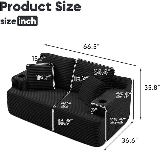 66.5'' Boneless Sofa Couch with Cup Holders & Side Pockets, Modern Corduroy Fabric Upholstered Loveseat Couch with 2 Throw Pillows for Living Room Office, No Assembly (Black)