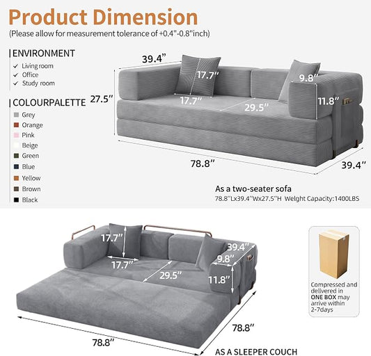 78.8" Convertible Sofa Bed with Armrest Pillow, 4-in-1 Sleeper Couch Bed for Livingroom, Modular Corduroy Boneless couches, No Assembly (Grey)