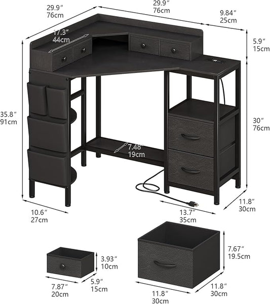 VENNQD Corner Desk with 6 Drawers Shelves for Small Space Computer Desk with Power Outlets,Gaming Desk with Printer Monitor Stand Storage for Home Office Workstation Writing Table (Black, 31.5)