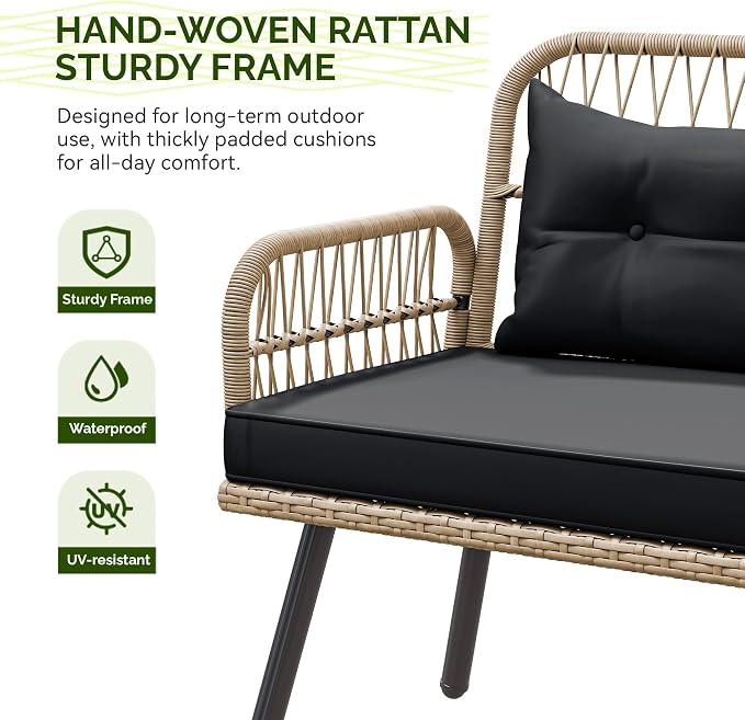 YITAHOME L-Shaped Patio Furniture Set, All-Weather Rattan Outdoor Conversation Sofa with Soft Cushions, Ottomans & Plastic Wood Dining Table for Backyard Deck, Light Brown + Black
