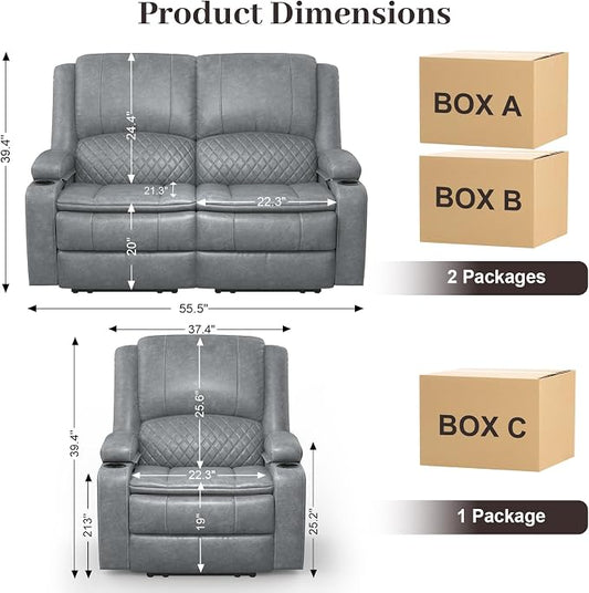 Yolsali Loveseat Recliner Sofa Set with 2-Tier Cushion, 2+1 Pieces in Living Room, 2 Seater Reclining Loveseat Leather with Removable Console, 1 Oversize Recliner Chair Sofa Seat - Gray PU