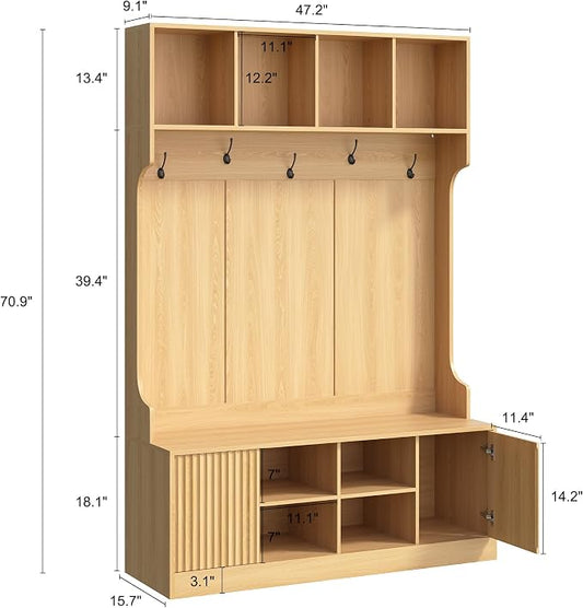 Hall Tree with Bench and Shoe Storage, 5-in-1 Entryway Coat Rack with LED Sensor Light, Hooks and Storage Cubes, Shoe Cabinet with Fluted Door, Modern Hall Tree for Entryway, Living Room