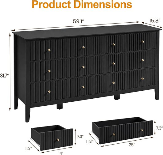 RoyalCraft Fluted Dresser for Bedroom with 9 Drawers, 59" Wide Painted Wooden Chest of Drawers, Modern TV Stand Storage Cabinet for Living Room, Hallway, Black