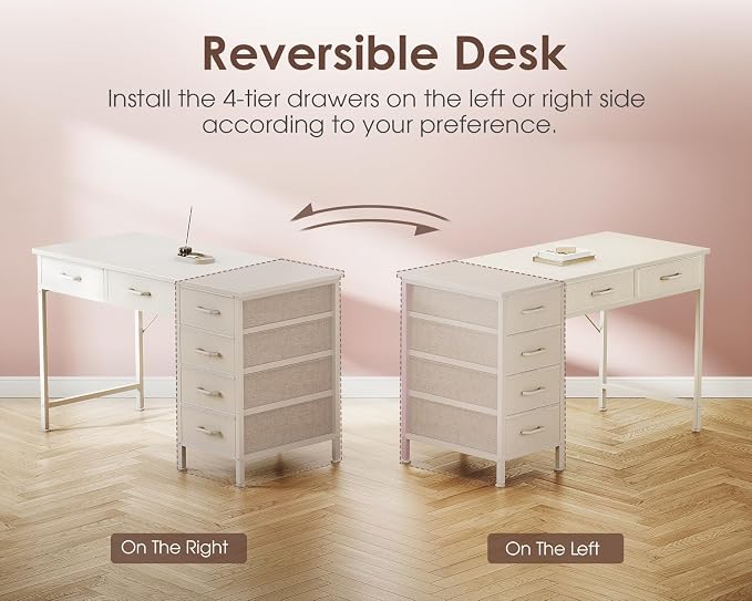 Casaottima 40 Inch Small Computer Desk with 6 Drawers, Reversible Storage Desk for Home Office, Work Study Table for Bedroom, White