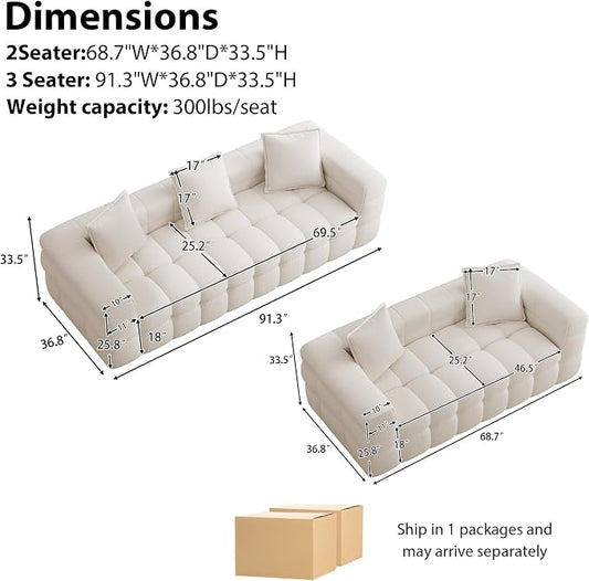 Chenille Cloud Sofa Couch Set with 5 Soft Pillows,Comfy Upholstered LoveSeat Sofa Set,Modern Deep Seat Sherpa Cloud Couch, Oversized Love Seat for Living Room,Beige White