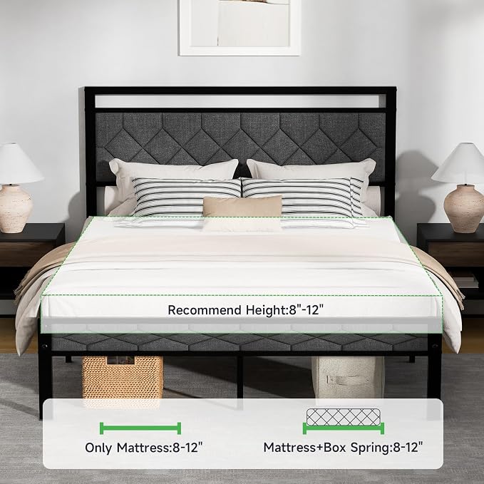 Z-hom Easy Assembly Upholstered Platform Bed Frame with Soft Padded Headboard, Modern Linen Fabric Mattress Foundation, No Box Spring Needed, Noise-Free & Sturdy Metal Support, Queen Size (Grey)