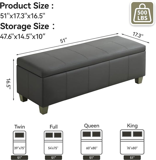 WUTUTUEE 51" Faux Leather Storage Ottoman, Stitch Tufted Rectangle Upholstered End of Bed Storage Bench, Entryway Large Couch Ottoman with Wooden Legs,Dark Grey