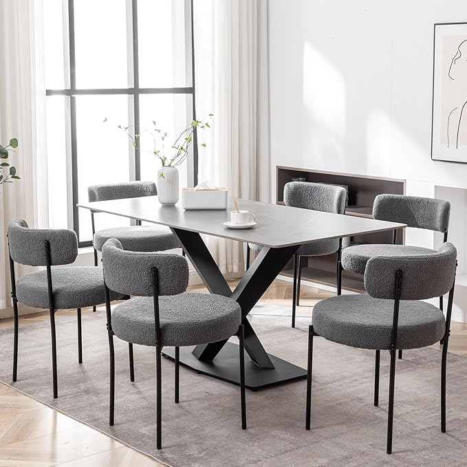Cinxzar Grey Boucle Dining Chairs Set of 2, Upholstered Dining Room Chairs with Black Metal Legs, Round Modern Dining Chair for Dining Room, Kitchen