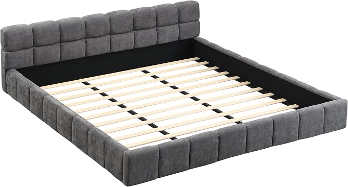 Merax King Size Elegant Chenille Upholstered Platform Bed with Thick Headboard and Footboard, Block Style Upholstery Grounded Bed Frame, Gray