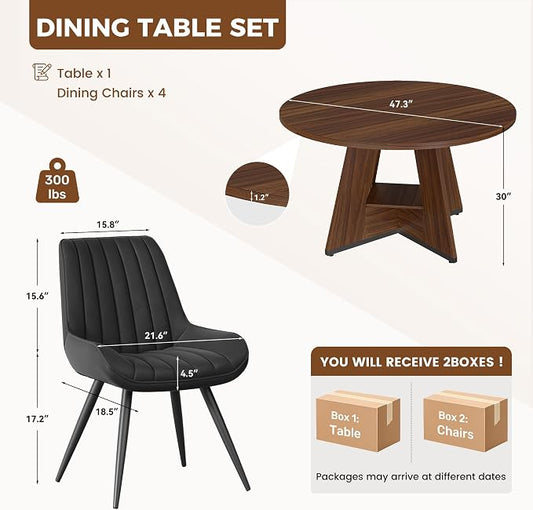Miereirl 47.3 Inch Round Dining Table Set for 4, Round Kitchen Table with Chairs, Space Saving Dining Room Table Set with Storage Shelf for Apartment Kitchen Dining Room, Walnut Table+4 Black Chairs
