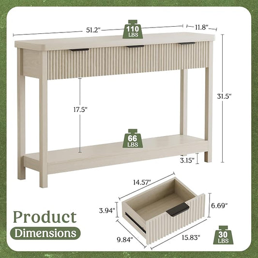 Lulive Fluted Console Table, 51 Inch Entryway Table with 3 Drawers | Scandi farmhouse look with quiet full-extension slides, open lower shelf, profile for hallway, entry, foyer or behind sofa.