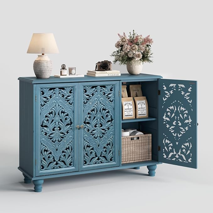 JOINICE 42.5" Accent Storage Cabinet with 3 Carved Doors,Mandala Blue | Versatile Storage for Living Room/Dining Room/Bedroom/TV Stand, Solid Wood Legs, Farmhouse/Rustic Style, Adjustable Shelf