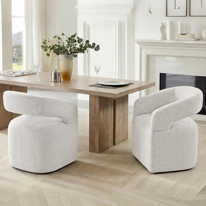 KISLOT Upholstered Dining Chairs Set of 4, Modern Arm Kitchen & Dining Room Chairs with Hidden Casters, Linen Fabric Padded Rolling Chairs, Sturdy Wood Frame, 300 lbs Capacity, Beige
