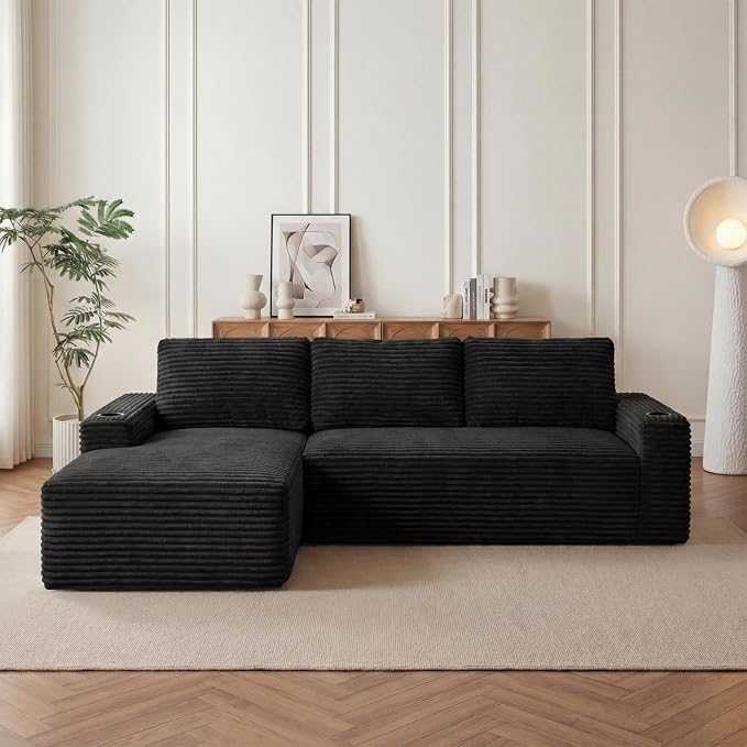 104" L Shaped Boneless Sectional Couches for Living Room, Comfy Corduroy Floor Cloud Sofa with Chaise and Cup Holder, Wide Armrest, Deep Seat, Assembly Free, Ideal for Small Spaces, Black