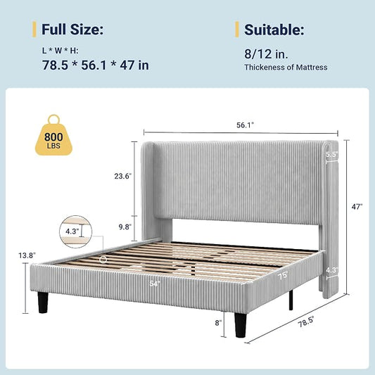 Allewie Full Size Bed Frame with Upholstered Wingback Headboard, Vertical Channel Tufted Corduroy Velvet Platform Bed, Strong Wooden Slats Support, No Box Spring Needed, Easy Assembly, Light Grey