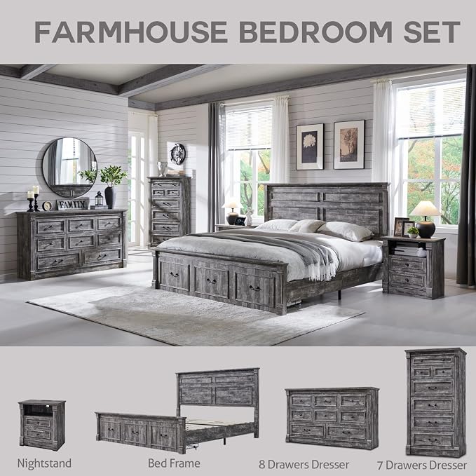 Aitjunz Farmhouse King Size Bed Frame with 51" Tall Headboard, Wood Platform Bed Frame with 20" Tall Roman Column Decoration Footboard & 3 Large Storage Drawers, No Box Spring Needed (Light Grey)