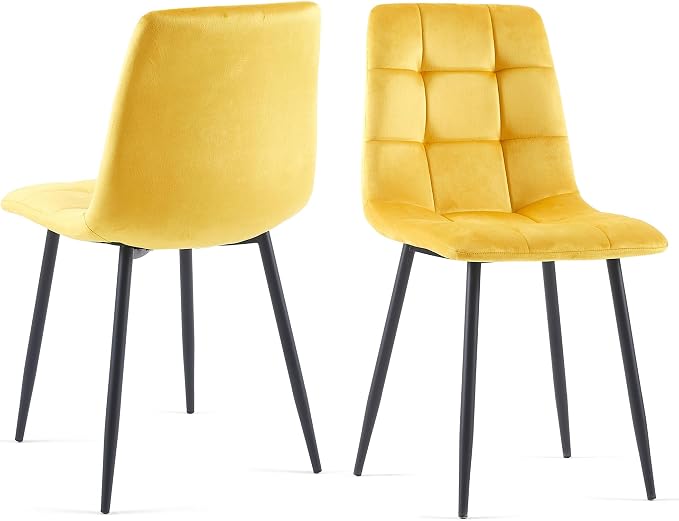 NORDICANA Yellow Velvet Dinner Chairs Set of 2, Modern Armless Biscuit Tufted Dining Side Chairs with Metal Legs for Kitchen Living Room Vanity