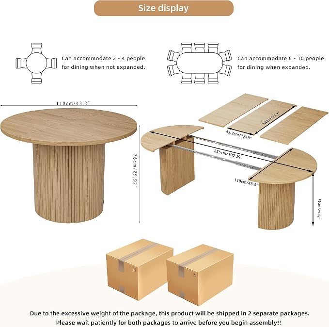43-95 Inch Oval Extendable Dining Table for 4-10, Fluted Space Saving Round Kitchen Table with 3 Leaf, 2 Storage, Mid Century Modern Long Dining Room Dinner Table for Living Room, Oak, Natural