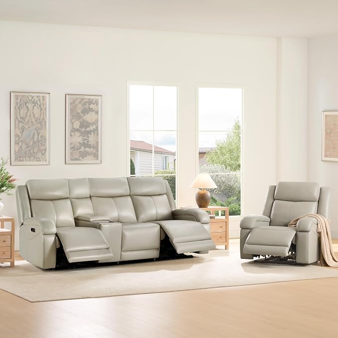Watson & Whitely Genuine Leather Power Recliner Sofa, 3 Seater Wall Hugger Reclining Sofas with Storage Console, Power Headrest, USB, Electric Recliner Couch Set for Living Room, Grey