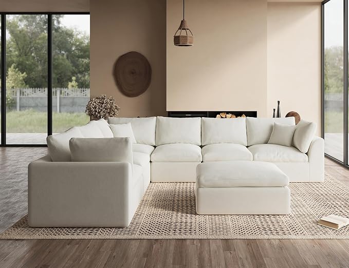 ohllob Oversized Cloud Couches for Living Room, Convertible Sectional Couch with Ottoman, 7 Seater Large Modular Sectional Sofa, Warm White