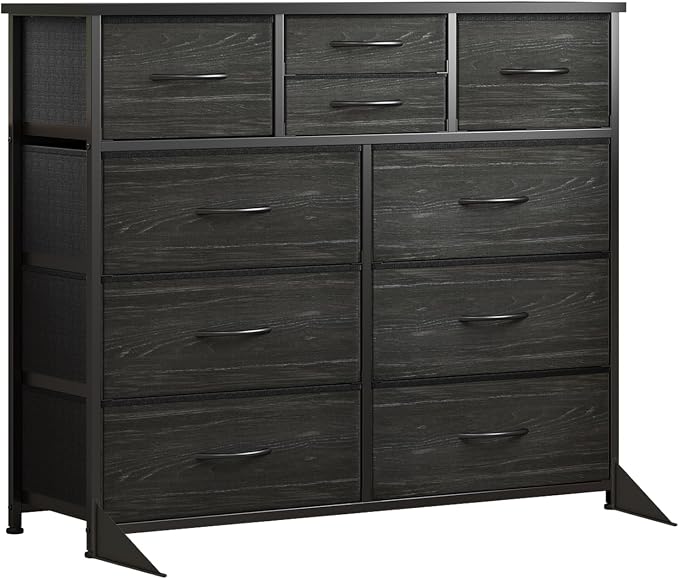 LUMTOK 10-Drawer Dresser, Fabric Storage Tower with Drawers for Bedroom, Dresser Drawer with Handle for Bedroom, Living Room, Hallway, Closets & Nurseryteel Frame, Wood Top (Black Wood Veins)