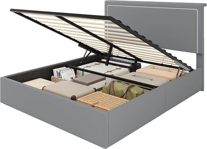 SHA CERLIN Queen Size Hydraulic Lift-Up Storage Platform Bed Frame with Charging Station, RGB LED Lights, Adjustable Velvet Headboard, USB-A and USB-C Ports, No Box Spring Needed, Grey