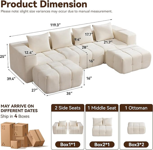 119" Boneless U-Shaped Sofa Couch with 2 Ottoman, 4 Seater Comfy Cloud Sectional Sofa with Deep Seat, Oversized Chenille Memory Foam Sectional Couches for Living Room Bedroom, Beige