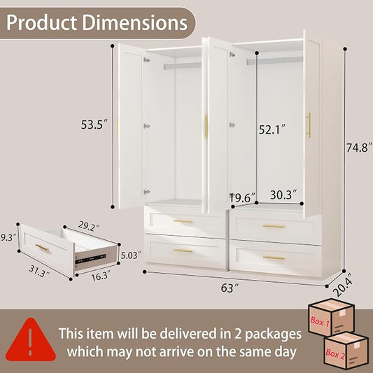 Armoire Wardrobe Closet with Drawers: 75" White Wardrobe Closet with 4 Doors and 4 Drawers, Wood Armoire Closets Cabinet for Hanging Clothes, Bedroom Armoires with Hanging Rod (63")