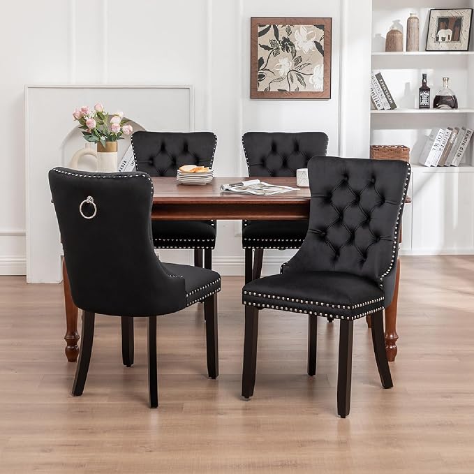 Mid Century Modern Dining Chair Set of 4 Velvet Upholstered Dining Room Chair Farmhouse Dining Accent Chairs with High Back and Nailhead Trim for Kitchen, Living Room, Bedroom (Black)
