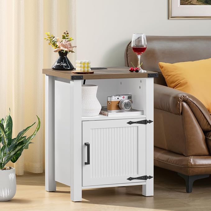 Joaxswe Antique White Nightstand Set of 2, 18 Inch Farmhouse Night Stand with Charger Station and USB Port, Modern Couch Side Table with Magnetic Door and Storage Shelf, Bedside Tables for Bedroom