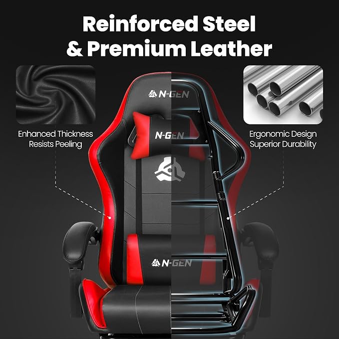N-GEN GAMING Video Gaming Chair with Footrest Lumbar Support for Home Office High Back Recliner Height Adjustable Ergonomic Comfy Leather Computer Desk Chair (Red)