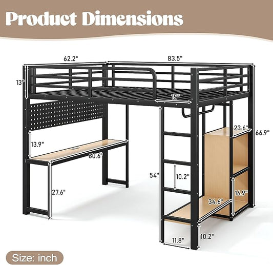 Bellemave Queen Size Loft Bed with Desk,with USB Ports, Lights, and Hanging Rod, Cave Board Design, Metal Queen Loft Bed Frame for Adults, Kids, Teens, Black