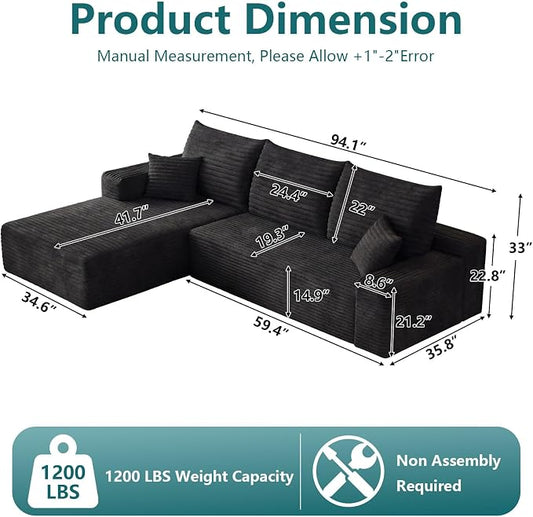 95" Modular Sectional Couch, Boneless L Shaped Cloud Sofa with Chaise Lounge, Corduroy Upholstered Couches Memory Foam Deep Seat, No Assembly Required, Ideal for Living Room(Black, Left Facing)