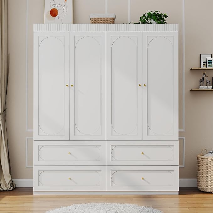 Bedroom Armoire Wardrobe Closet: 63" White Wardrobe Closet with Drawers, Wooden Closets Cabinet for Hanging Clothes, Large Wardrobes Armoires with Doors and Shelves(White)
