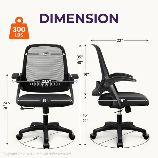 NEO CHAIR Office Desk Chair Computer Gaming Ergonomic Lumbar Back Support with Flip-up Padded Armrest Adjustable Height and Wheels for Home Vanity Bedroom Study (All Black)