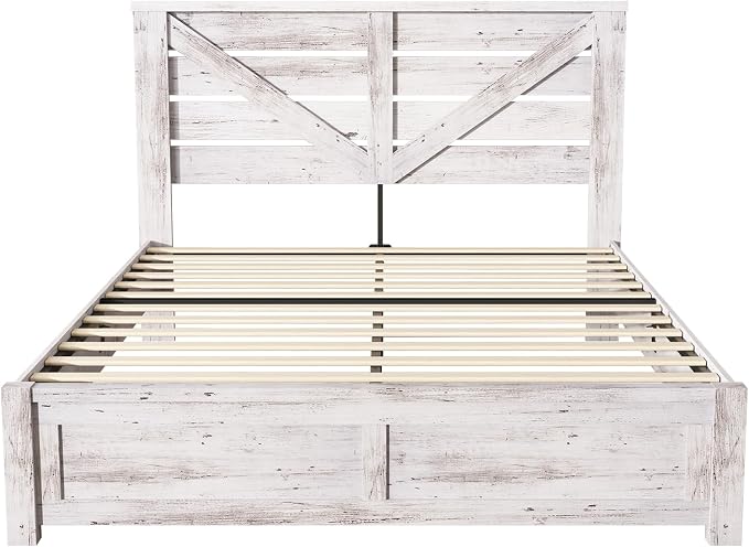 AMERLIFE Full Size Bed Frame with 49.2" Barn Door Headboard and Footboard, Farmhouse Platform Bed Frame with Wood Slats, No Box Spring Needed, Under Bed Storage, Distressed White