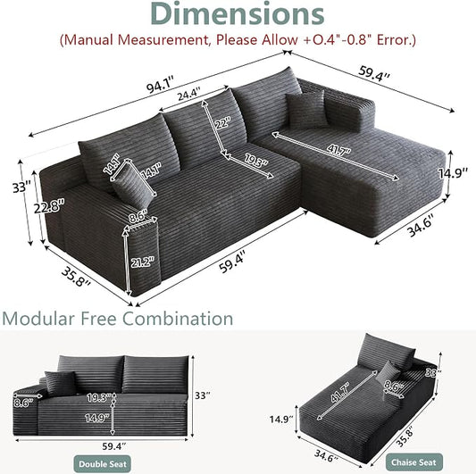 95" Modular Sectional Sofa, Modern Corduroy Cloud Couch with Side Pockets, Boneless Couch Upholstered 3-Seater L-Shaped Sofa for Living Room, No Assembly Required (Dark Gray,Right-Facing Chaise)