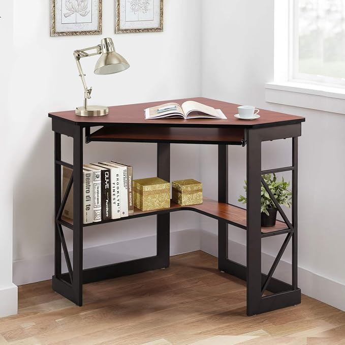 VECELO Corner Computer Desk 41 x 30 inches with Smooth Keyboard & Storage Shelves for Home Office Workstation, Teakwood Brown