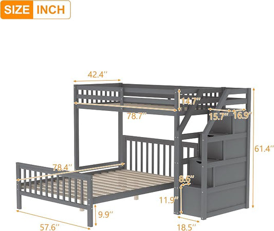 MERITLINE Twin Over Full L Shaped Bunk Beds with Stairs and Storage, Solid Wood Convertible Bunk Loft Beds with Storage Staircase and Guardrail, No Box Spring Needed (Twin Over Full,Grey)