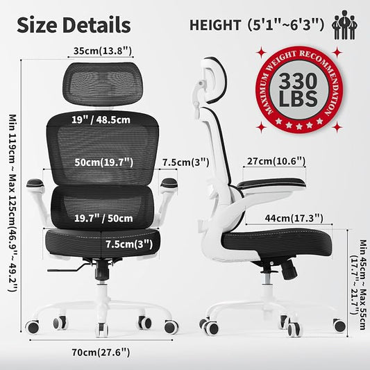 TRALT Ergonomic Office Chair - Desk Chair with Adjustable Headrest Lumbar Support Computer Chair - Mesh Comfy Chair with Flip-up Armrests - Gaming Chairs for Adults Home Office (Leather, Black White)