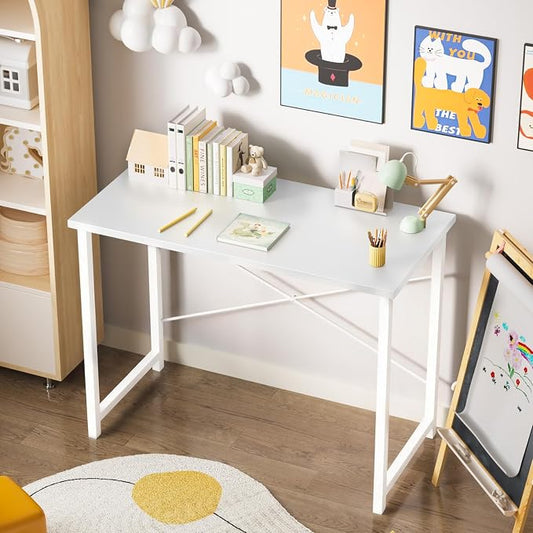Sweetcrispy 32 Inch Small Computer Desk, Home Office Desk, Small Study Workstation for Bedroom, Study Table with X-Shaped, Modern Simple Gaming Table, White