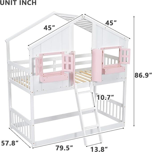 Twin over Twin House Bunk Bed with Roof,Windows,Door,Window Boxes,Safety Guardrails & Ladder,Pine Wood Frame,Low-Height Kids Bunk Beds for Bedrooms,Playful Loft Bed with Easy Assembly, Pink+White