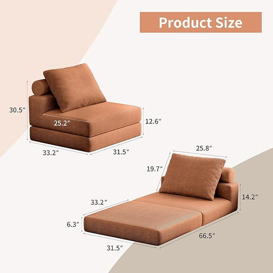 Folding Sofa Bed, 3-in-1 Convertible Sleeper Chair Bed with Pillows, Foldable Floor Couch with High-Density Foam, Futon Small Boneless Couch for Living Room Bedroom Lounge, Single, Brown